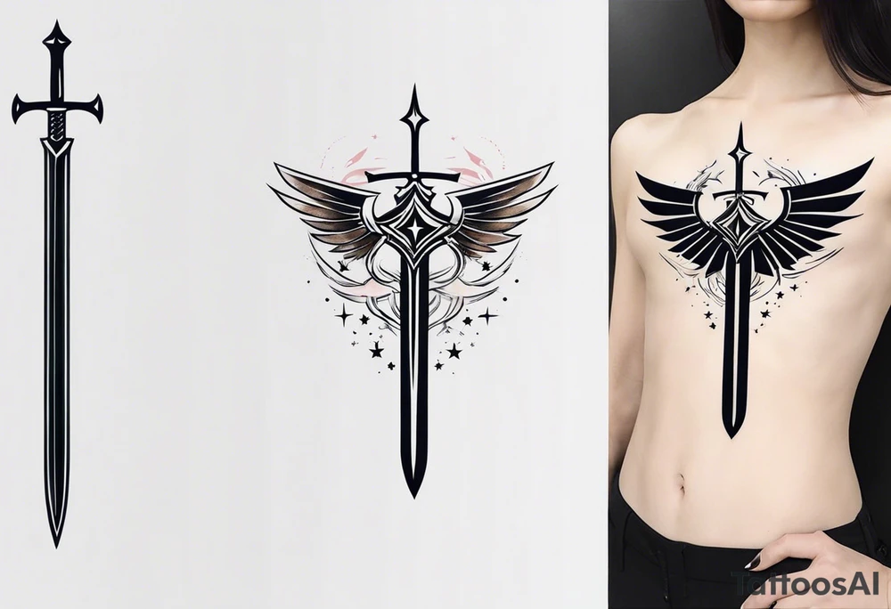 complete upper arm sleeve. Feature three mountain side by side, with 3 stars above them from a court of thorns and roses. Emphasize crossed swords, integrating with abstract, sword patterns that evoke the Valkyrie spirit like nesta from a court of silver flames. Keep the design in clean, simple lines. tattoo idea