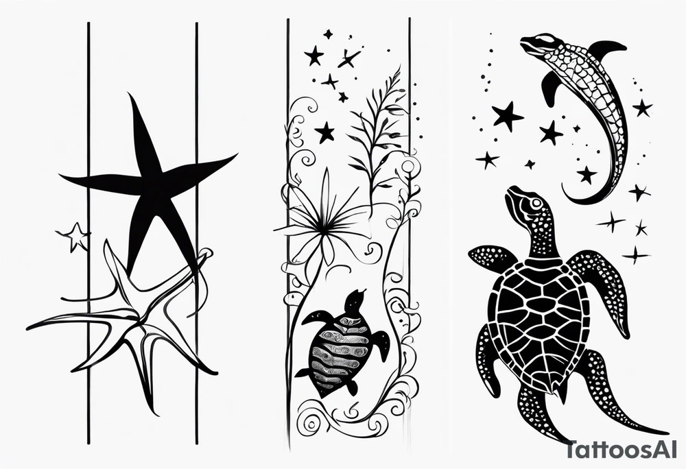 Small star fish, sea horse and turtle in a vertical line tattoo idea