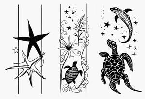 Small star fish, sea horse and turtle in a vertical line tattoo idea