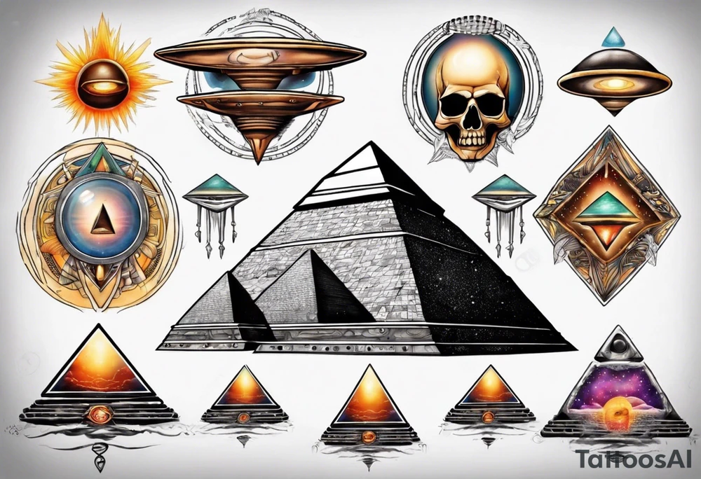 Pyramids and UFOs surrounded by spiritual energy tattoo idea