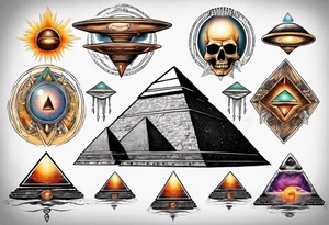 Pyramids and UFOs surrounded by spiritual energy tattoo idea