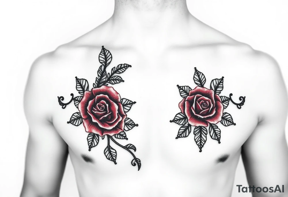 Black and red lace add pearls and roses. tattoo for female chest tattoo idea