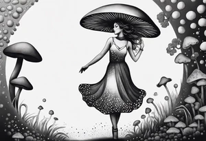 woman dancing around a mushroom tattoo idea