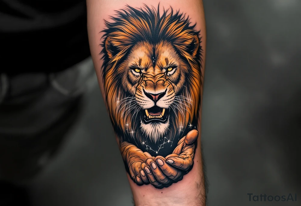A roaring lion in shades of amber and black cradles the Leo constellation in its paw, traced in delicate white ink. tattoo idea