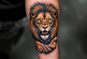 A roaring lion in shades of amber and black cradles the Leo constellation in its paw, traced in delicate white ink. tattoo idea
