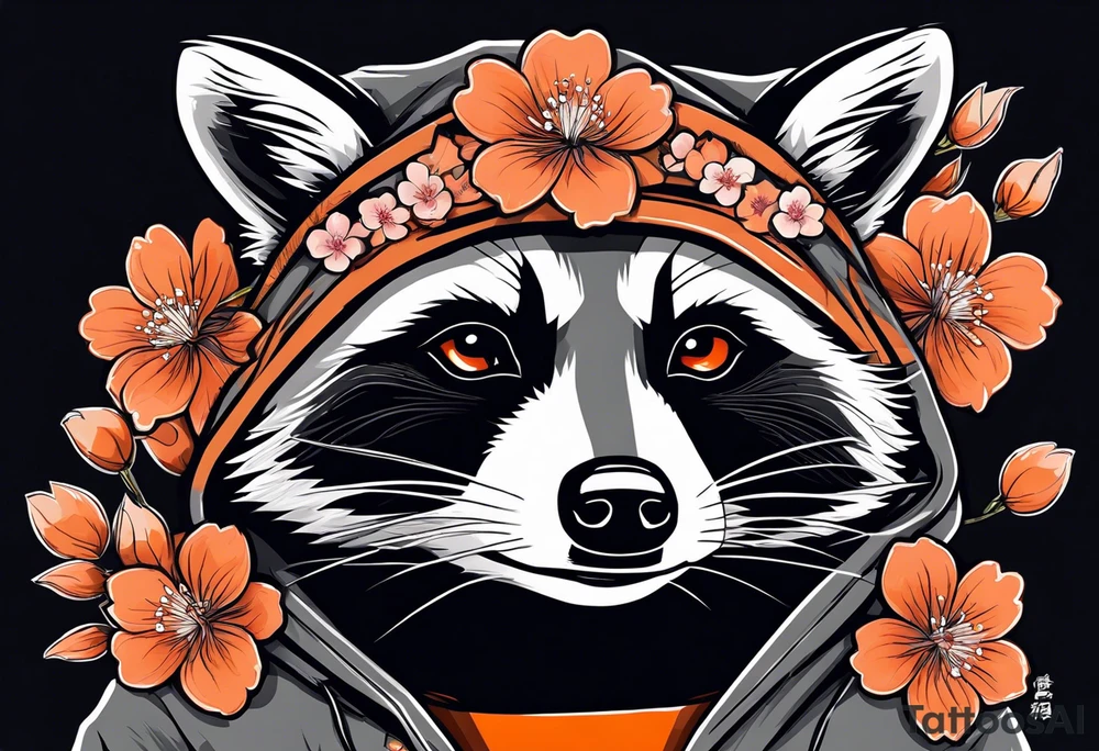Raccoon wearing a white Superman logo on a black hoodie and orange Japanese cherry blossoms tattoo idea