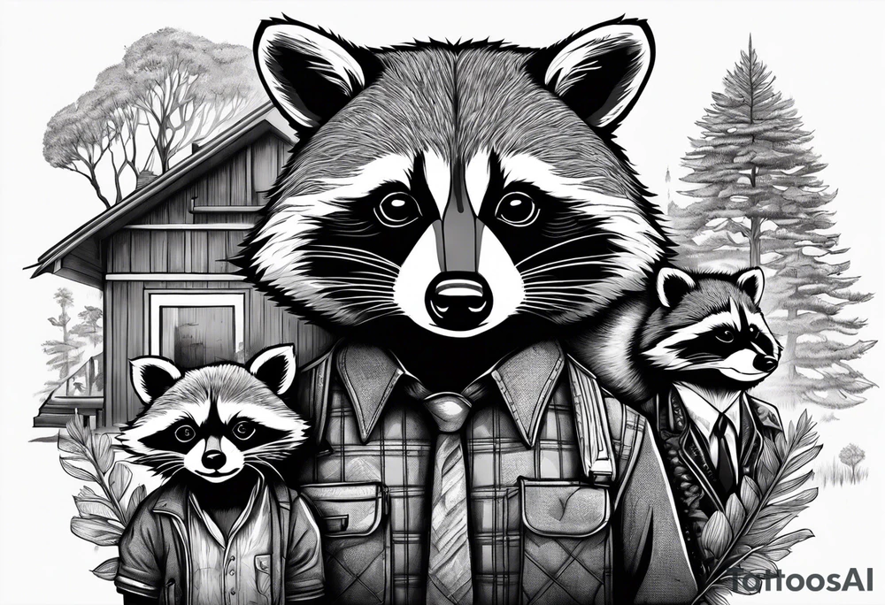 Hard working Raccoon Husband with wife and child.
Background House and woods tattoo idea