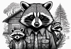 Hard working Raccoon Husband with wife and child.
Background House and woods tattoo idea