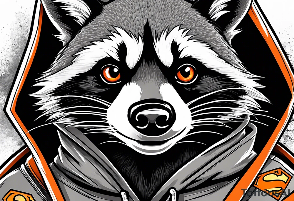 Raccoon wearing an orange Superman hoodie tattoo idea