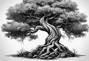 twisted tree with long roots and branches tattoo idea