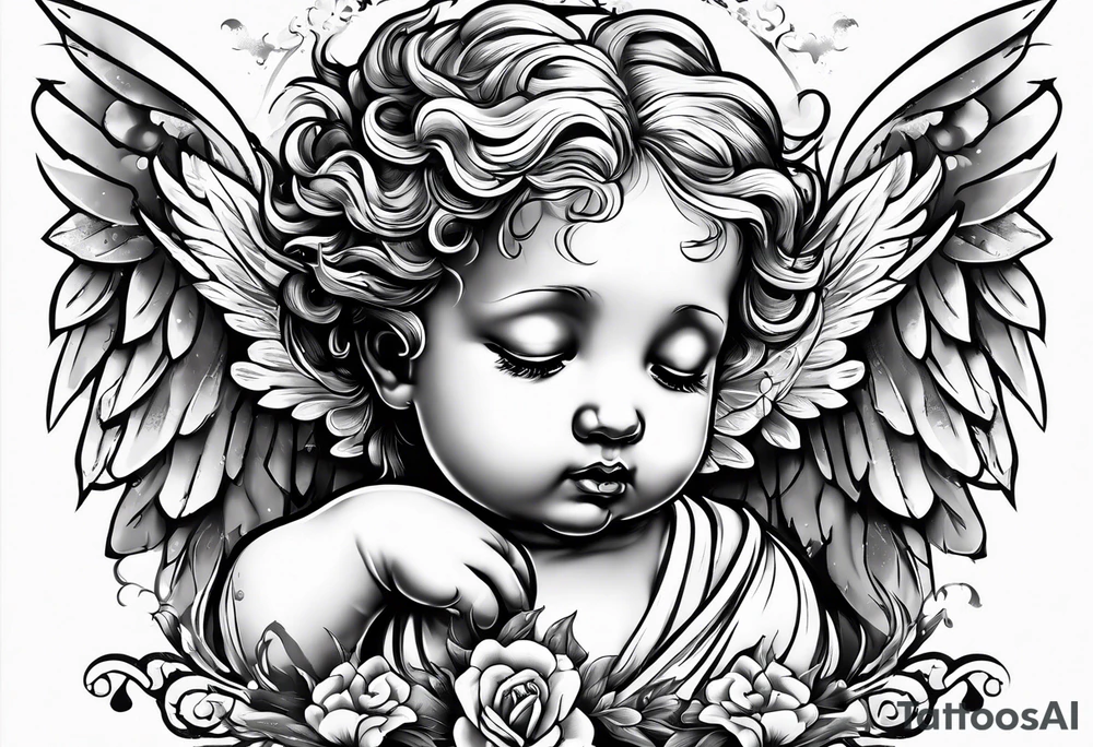Crying cherub angel with tattoos on its arms tattoo idea