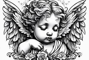 Crying cherub angel with tattoos on its arms tattoo idea