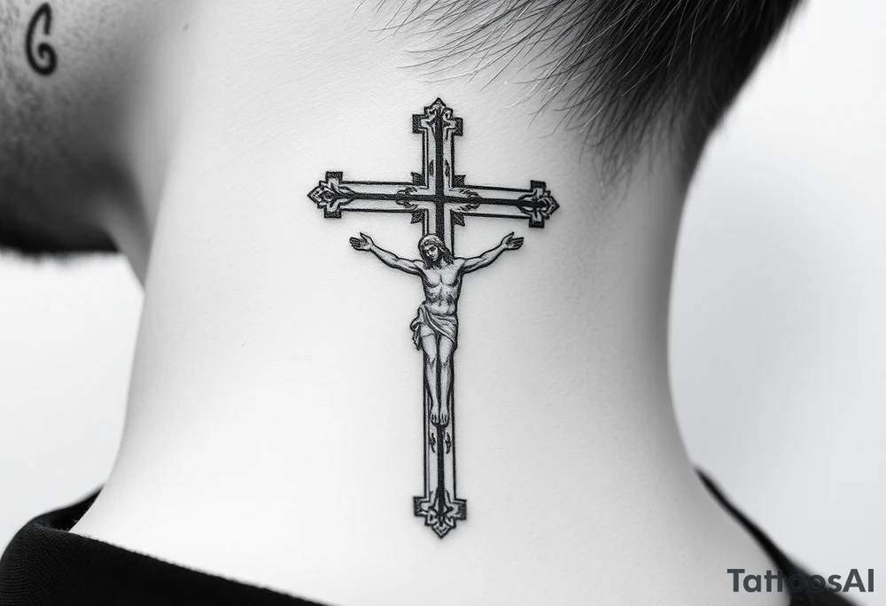 Traditional orthodox ICXC Christian cross with the small horizontal bar at the top with a plaque titulus, the central longest horizontal bar with Jesus Christ on the cross also with the slanted part of the cross where christs feet were nailed in a Russian wilderness Kremlin setting tattoo idea