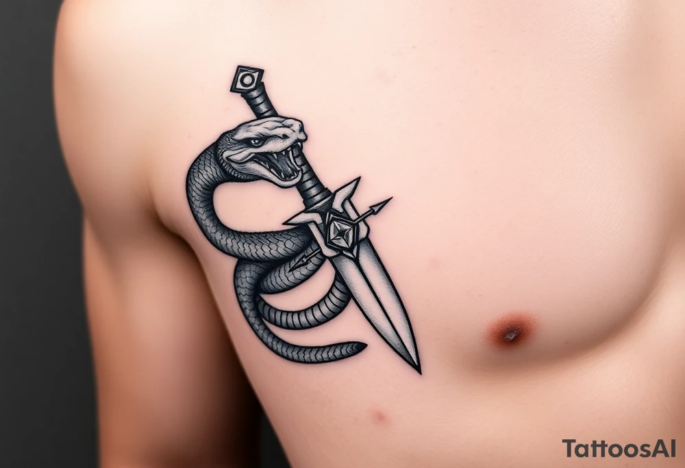 mystical snake coiled around an ancient dagger with jeweled hilt tattoo idea