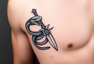 mystical snake coiled around an ancient dagger with jeweled hilt tattoo idea