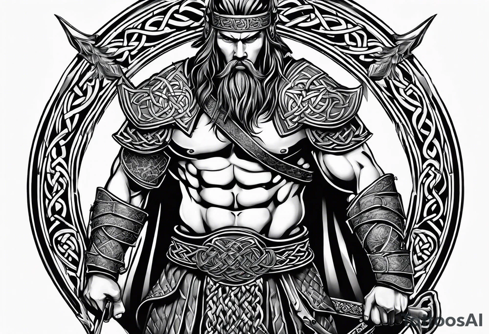 full body shot of a Celtic warrior with weapons unsheathed tattoo idea
