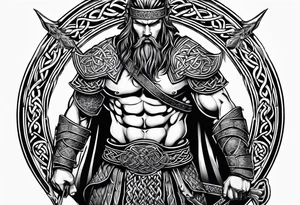 full body shot of a Celtic warrior with weapons unsheathed tattoo idea