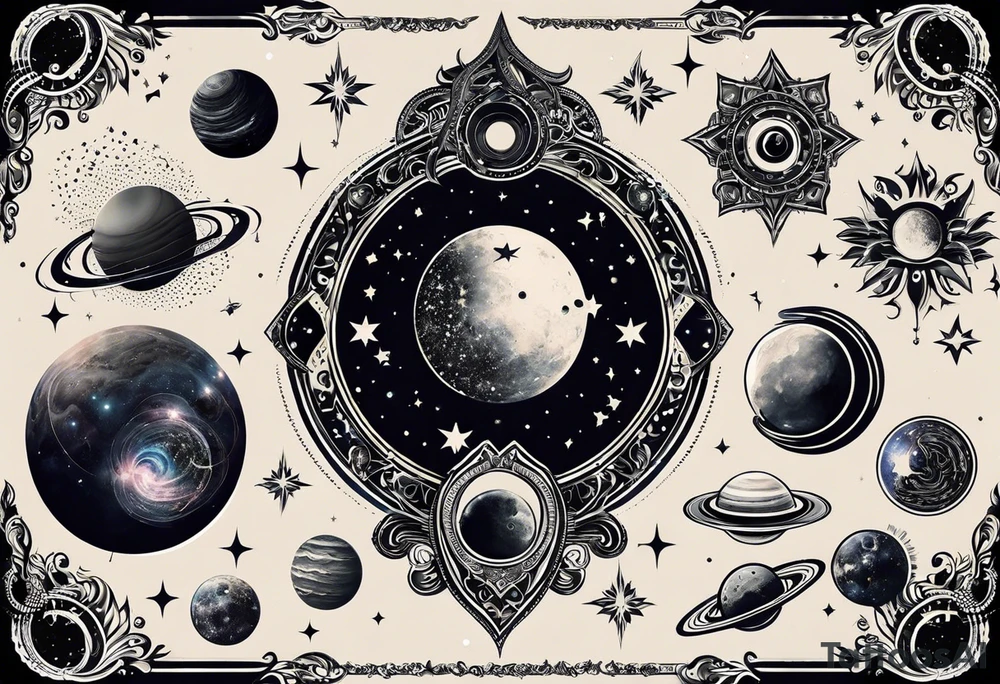Create a full right leg tattoo design with a captivating space theme. The design should feature a prominent black hole as the central element, surrounded by swirling galaxies, stars, and nebulae. Include detailed depictions of planets and moons in various phases, with comets and meteor showers adding dynamic movement. The tattoo should have a balance of intricate patterns and bold contrasts, using deep blacks and shades of grey to create a mesmerizing and immersive cosmic scene. Make sure the design flows seamlessly from the thigh down to the ankle, incorporating the natural contours of the leg. tattoo idea