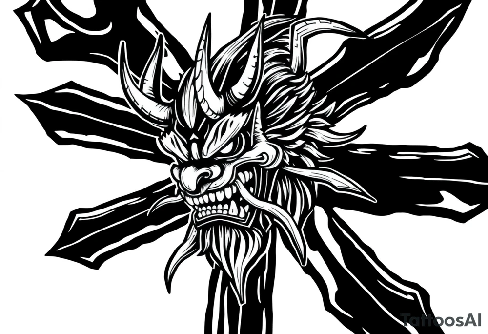Abstract asterisk with a Japanese folklore demon from old times tattoo idea