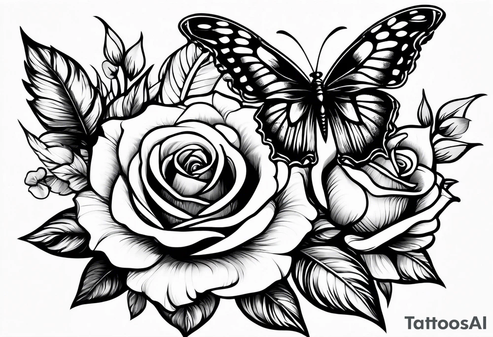 Roses on a stem with thorns, butterfly wings in the center tattoo idea