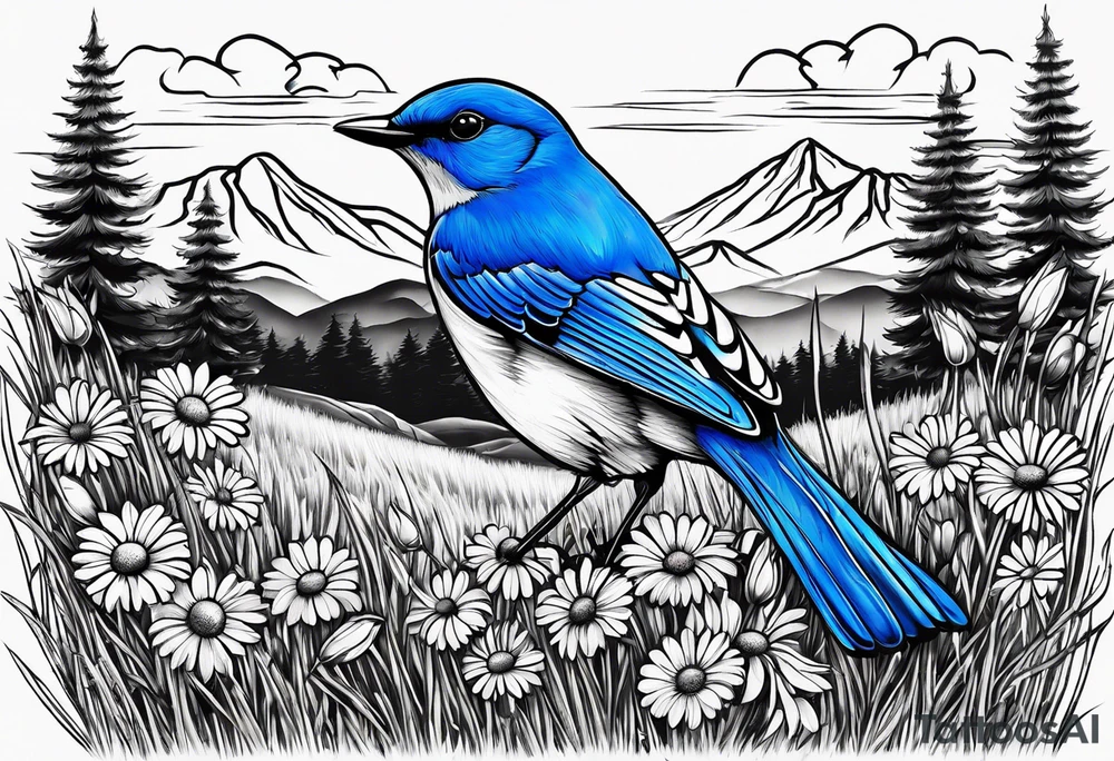 Small blue bird in field of grass and daisys Mountain View in distance tattoo idea