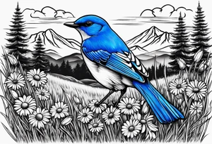 Small blue bird in field of grass and daisys Mountain View in distance tattoo idea