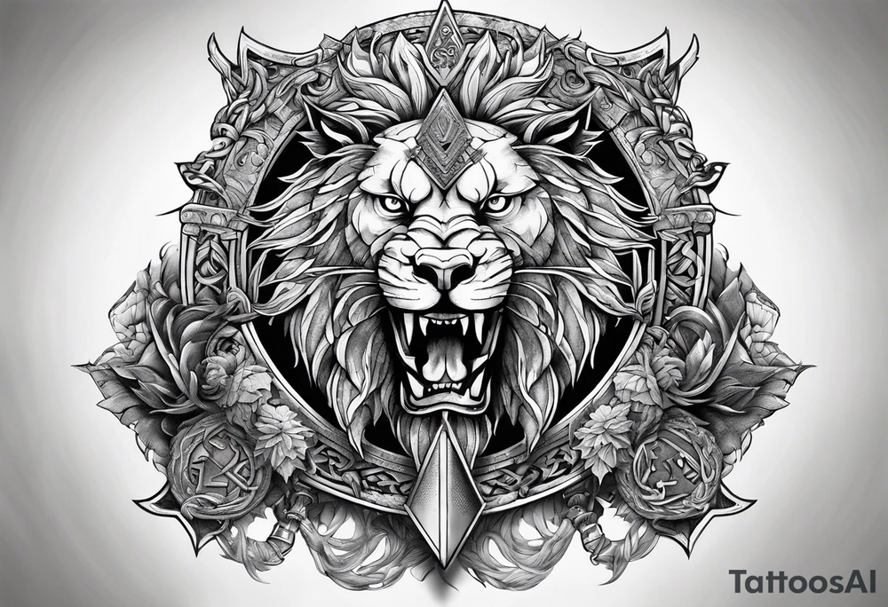 Valhalla sword shield  axe lion dragon 
Valknut  chains tattoo idea