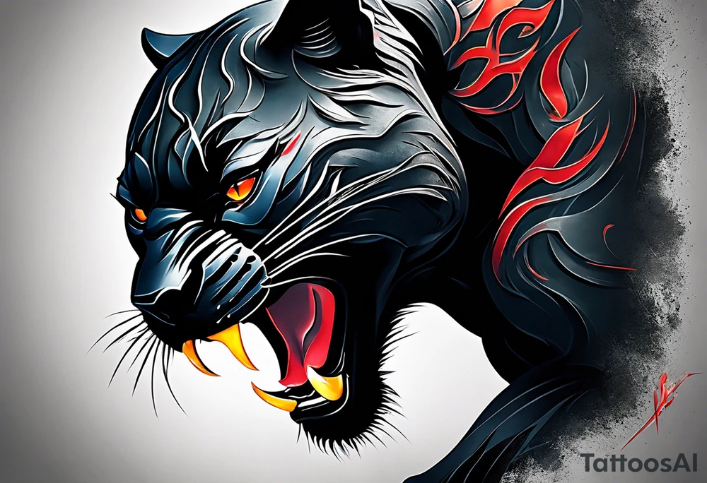 unique black panther tattoo, dynamic pose, showcasing its strength and grace, striking red eyes, intense and captivating elements, artistic flair, blending realism with abstract elements tattoo idea