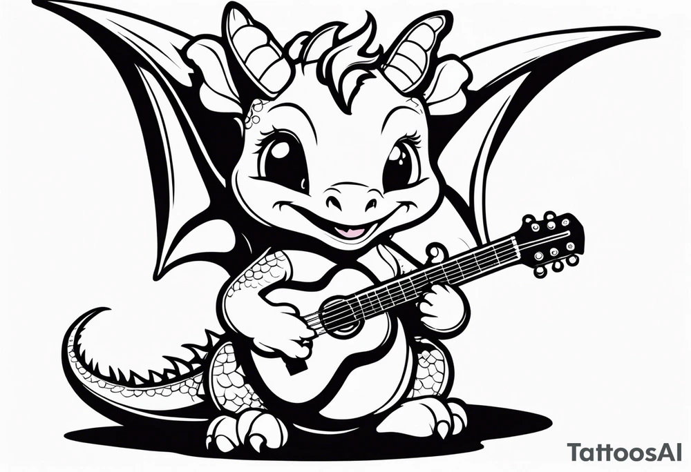 cute baby dragon with guitar tattoo idea
