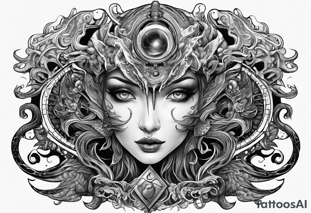 Lovecraftian creature, flowing into more futuristic technology elements tattoo idea