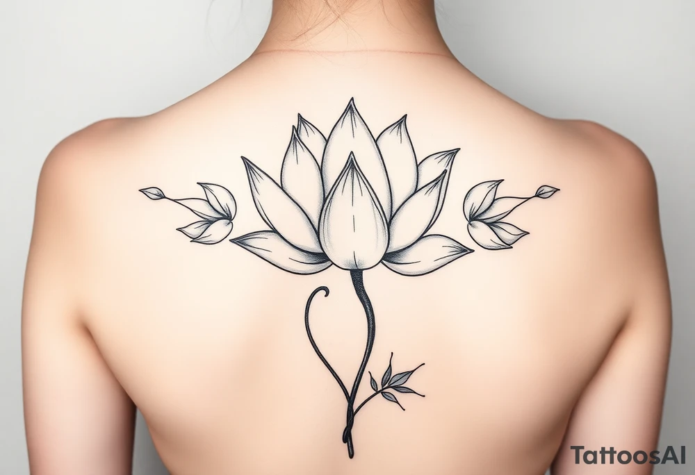 Lotus unalome with stems and leaves under bust tattoo idea
