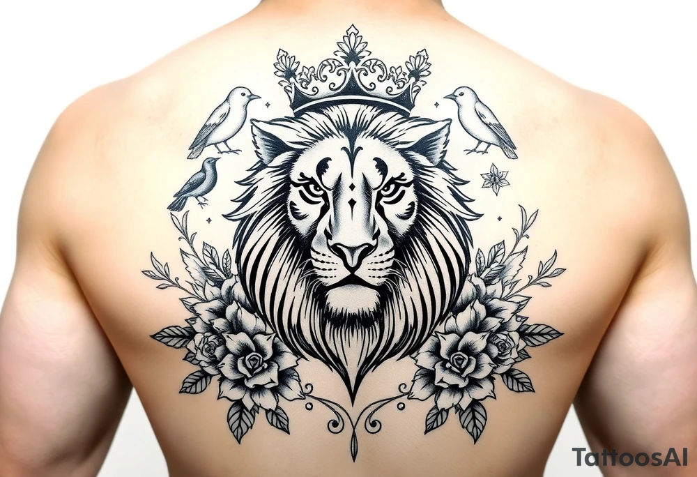 powerful majestic lion with a crown, surrounded by floral ornaments and birds tattoo idea