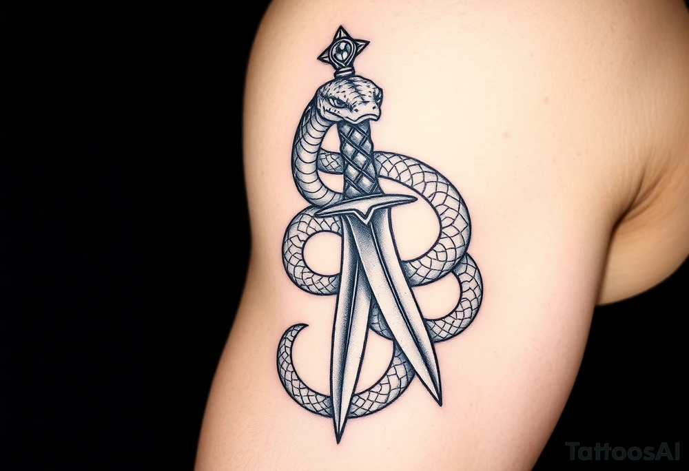 mystical snake coiled around an ancient dagger with jeweled hilt tattoo idea