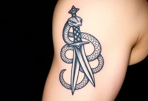 mystical snake coiled around an ancient dagger with jeweled hilt tattoo idea