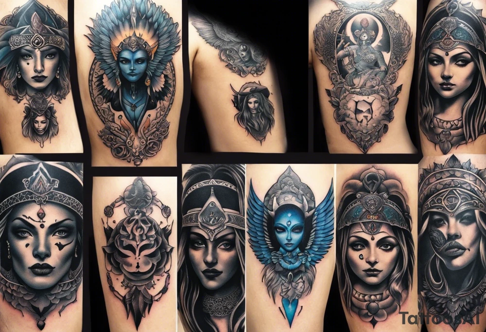 black kali, goddess pirate, alien, angel, pachamama, valkrye, warrior, flying, skull, lotus azul, wing, eagle, zenza resonance, stars, 5D, anahata chakra, death, durga, riding on a tiger, flying lady, kundalini, chest tatoo tattoo idea