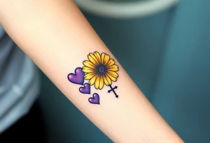 Simple yellow daisy with Purple Hearts & cross tattoo idea