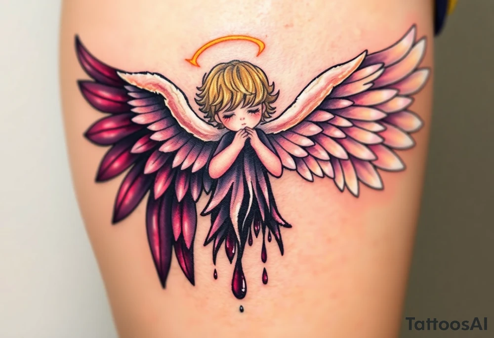 angel, with brilliant white wings that shine with golden accents and divine light, is contrasted with a fallen angel, whose wings are tattered and darkened with deep purples, reds, and blacks, dripping with sorrowful tears of blood. tattoo idea