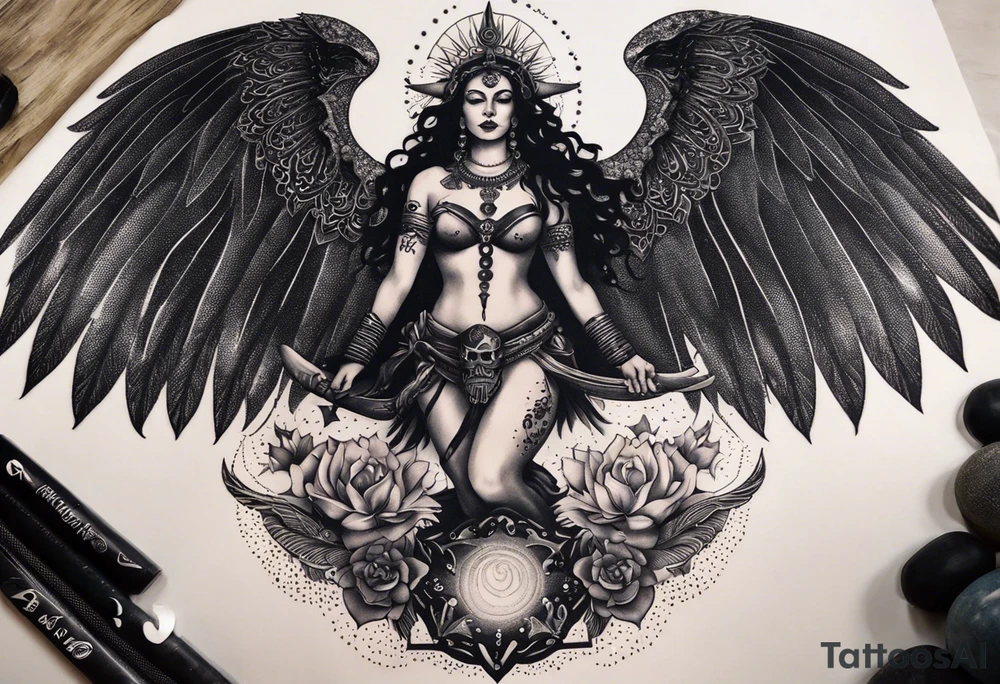 black kali, goddess pirate, alien, angel, pachamama, valkrye, warrior, flying, skull, lotus azul, wing, eagle, zenza resonance, stars, 5D, anahata chakra, death, durga, riding on a tiger, flying lady, chest tatoo tattoo idea
