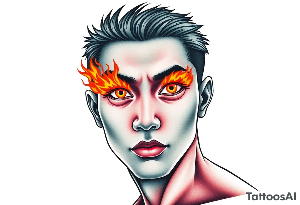 Handsome Asian young guy with burning eyes tattoo idea