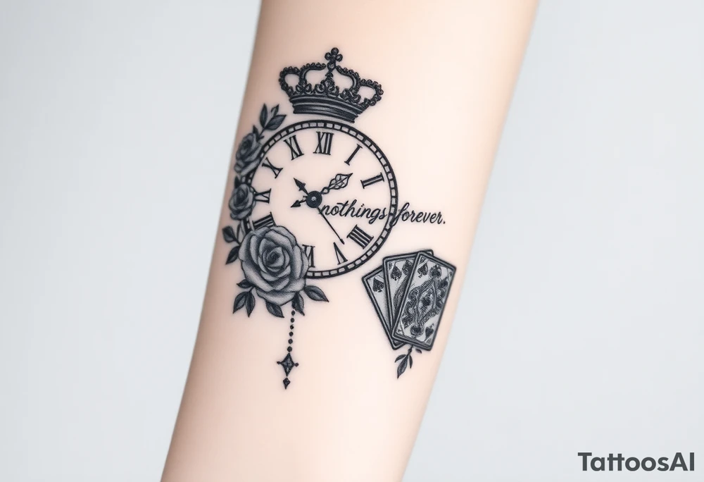 Roman clock with roses and a crown,  a quote that says nothings forever. and on the bottom a deck of cards tattoo idea