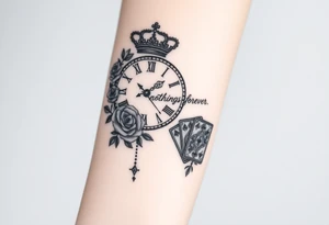 Roman clock with roses and a crown,  a quote that says nothings forever. and on the bottom a deck of cards tattoo idea