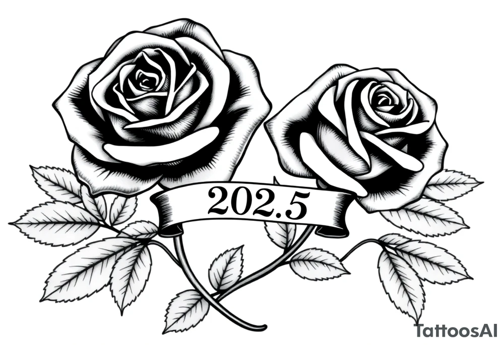 two beautiful large rose buds, one larger than the other, with many leaves next to the rose buds, with one sitting higher than the other. Include a banner connecting the two roses with the year "2025" on it.   Use dark outlines with little shading. The two stems should be short, not long, and connect and join into one stem, whimsically curved or twisted - not straight down. tattoo idea