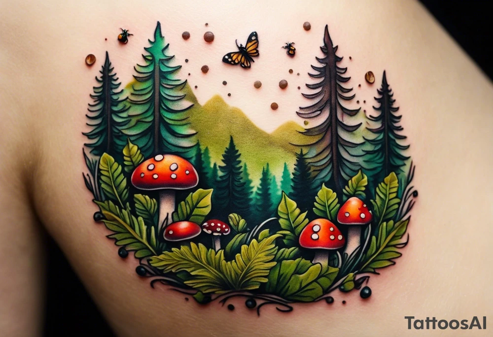 minimalistic forest floor inspired tattoo, which includes grass, moss, curly ferns and dead leaves as the bulk of the tattoo. details to include: forest berries, couple of very small brown mushrooms, a tiny bumblebee flying nearby tattoo idea