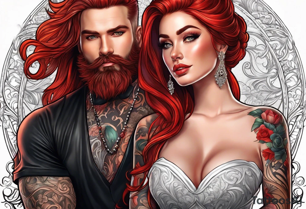 Busty red haired woman with a bearded man who has black hair getting married tattoo idea