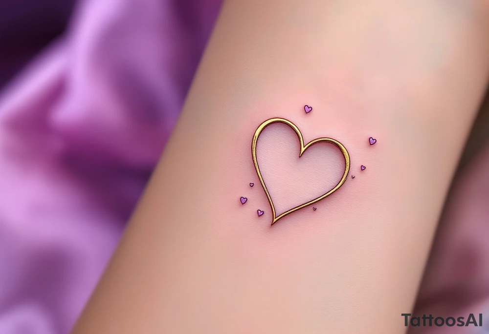 A symbol of rune of love in the shape of a heart, carved with clean, sharp edges. The design in golden, and the background features a lavender glow. Tiny hearts float around the symbol, representing infinite devotion. tattoo idea