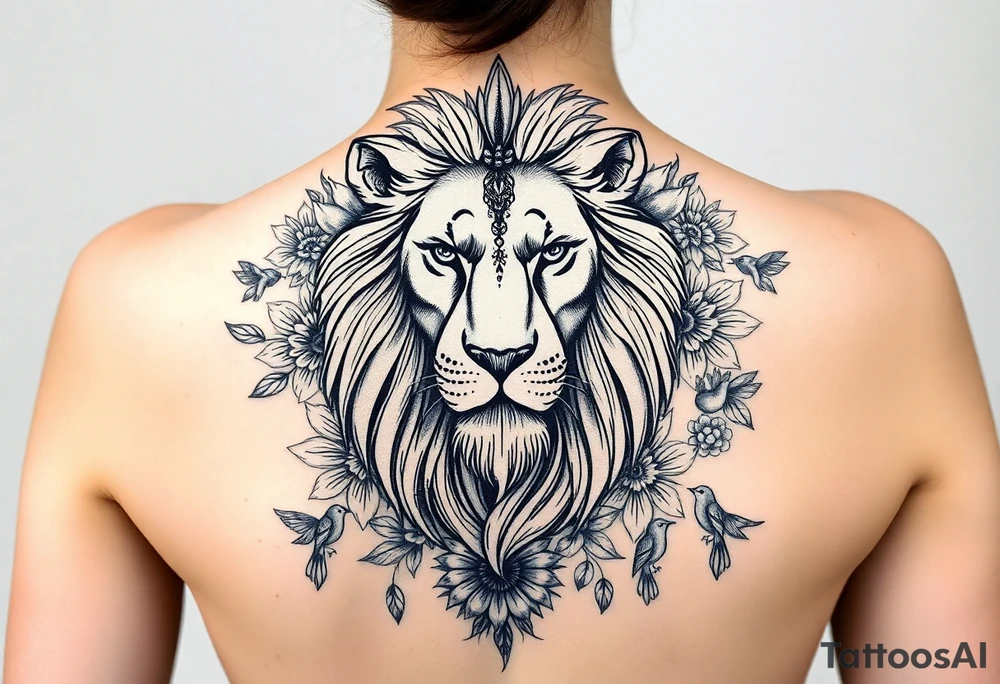 powerful majestic lion with a crown, surrounded by floral ornaments and birds tattoo idea