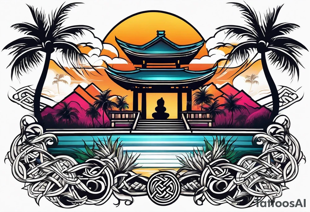 martial arts, palm trees and the celtic symbol for family tattoo idea