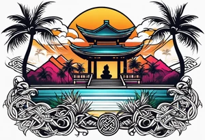 martial arts, palm trees and the celtic symbol for family tattoo idea