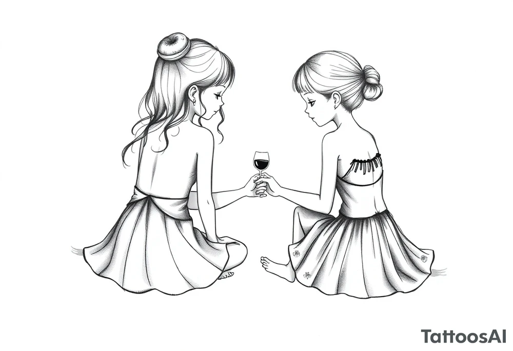 Zwei kleine mädchen sitzen sich gegenüber eine hat einen Dutt die andere einen Zopf und sie berühren sich an den Fußsohlen tattoo idea