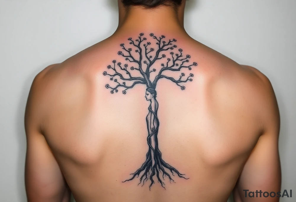 back tattoo with proverbs 31 with tree of life woman tattoo woman’s body as the trunk with no head  with roots and branches from neck with  small flowers from a few branches tattoo idea